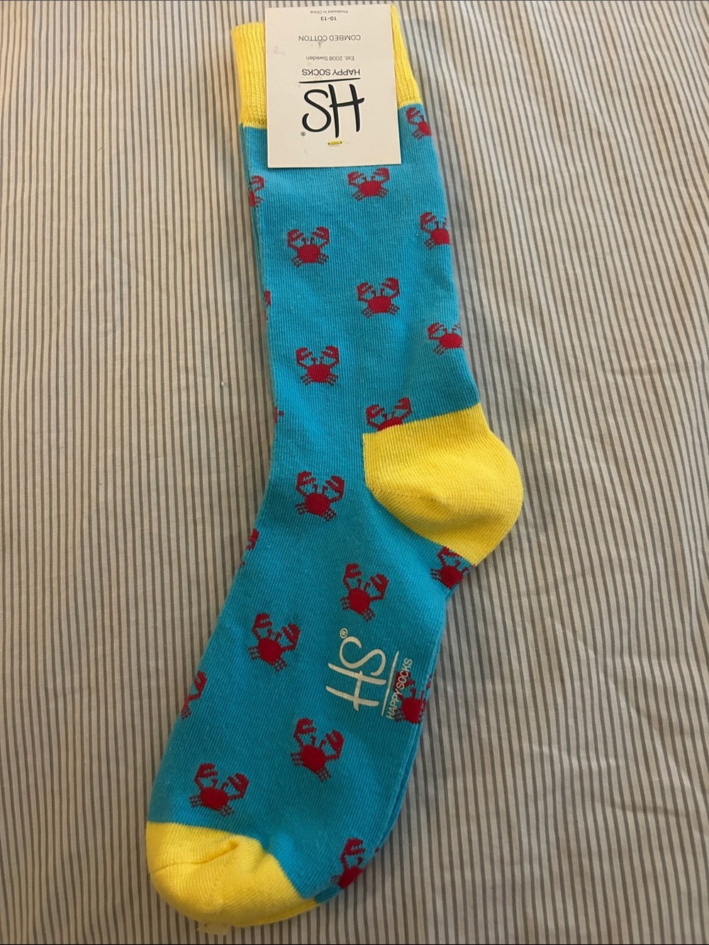 Happy Socks🦀Men's Blue & Yellow Socks W/Red Crab Pattern  / Combed Cotton 10-13